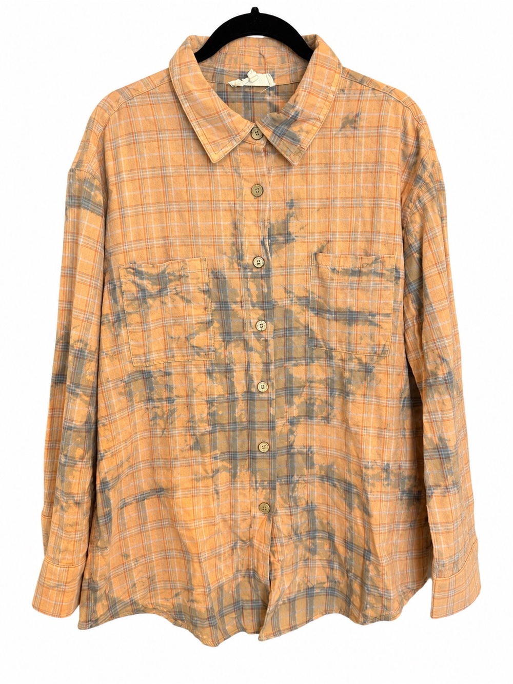 Peach Love California Orange Plaid Button-Down Shirt with Gray Wash